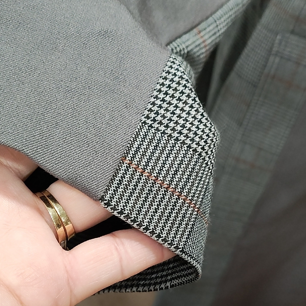 Womens Double-Breasted Trench Coat in Gray with Plaid Side Panels - Picture 5 of 13